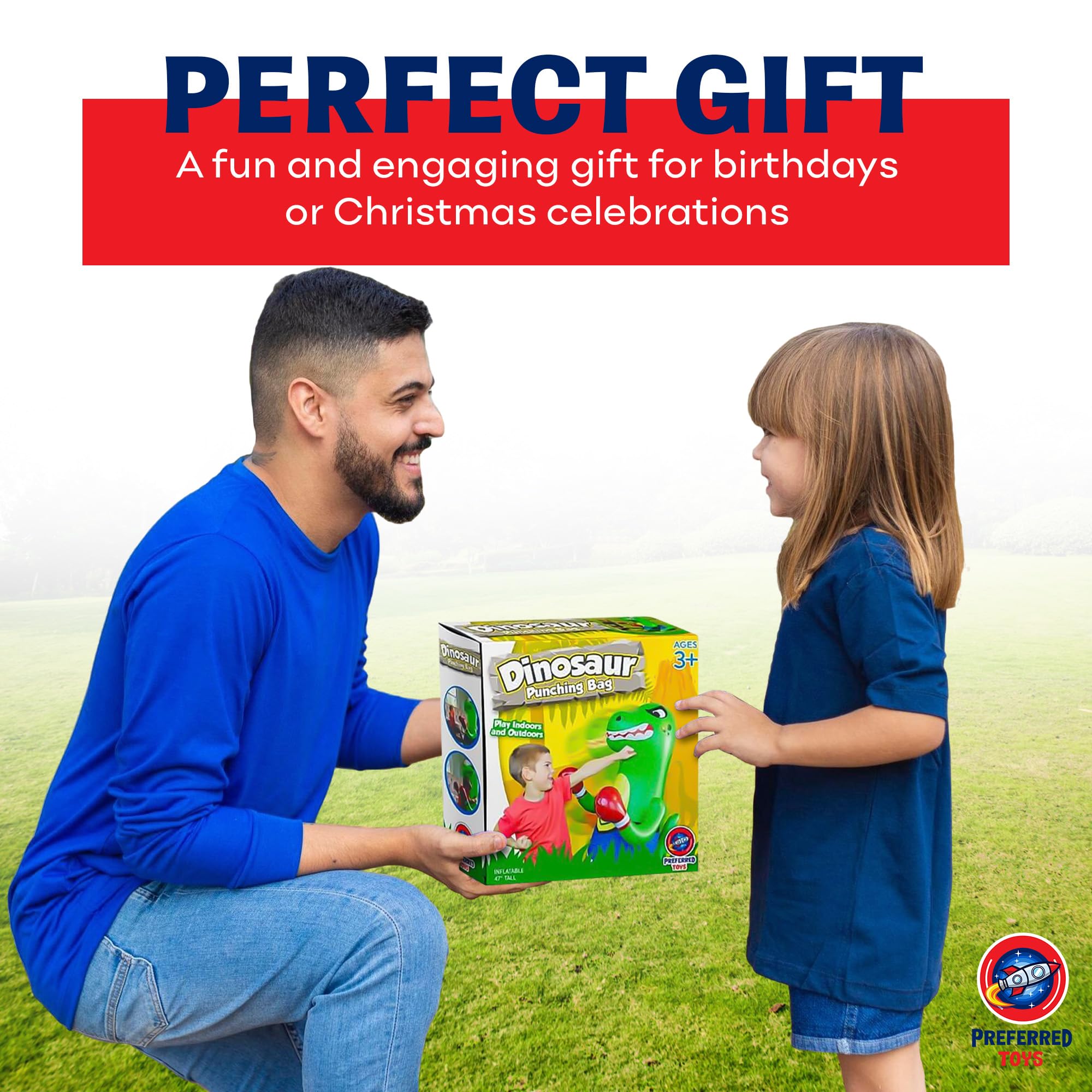 Indoor-outdoor use of the Preferred Toys dinosaur punching bag for year-round fun.