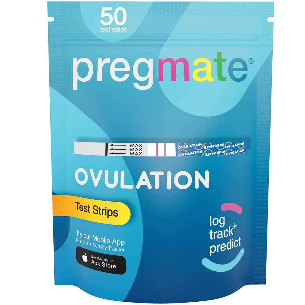 Pregmate 50-count ovulation test strips in box for fertility planning.