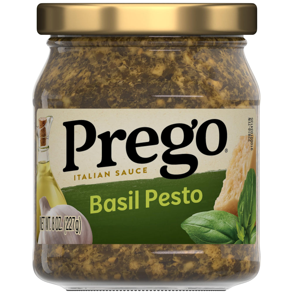 Prego Basil Pesto Sauce jar, 8 oz, ready for weeknight pasta.