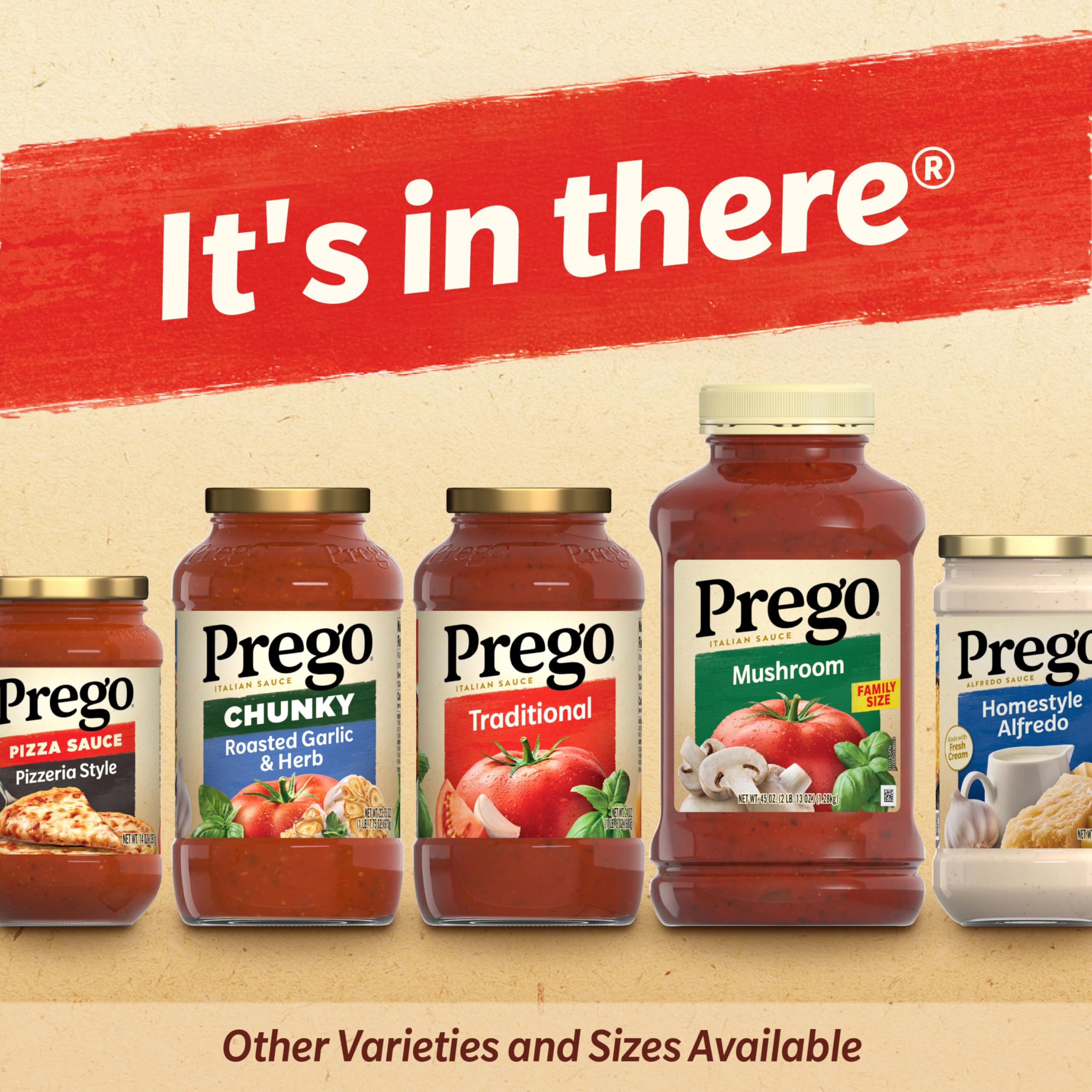 Prego close-up with basil and herbs for aroma and flavor.
