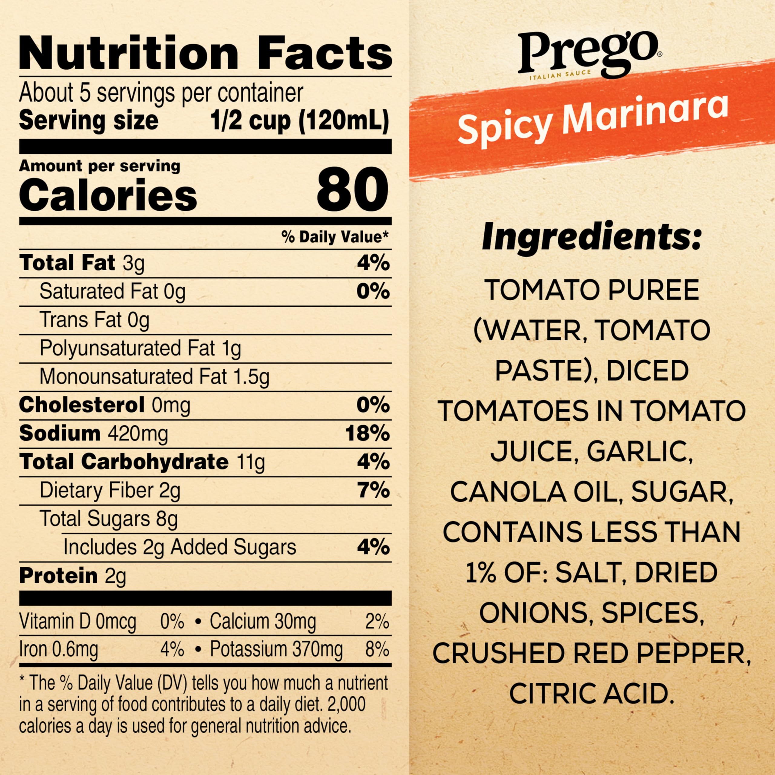 Prego Spicy Marinara jar label closeup highlighting gluten-free quality.
