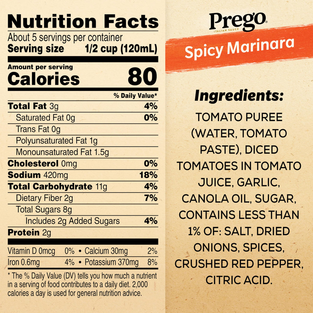 Prego Spicy Marinara jar label closeup highlighting gluten-free quality.
