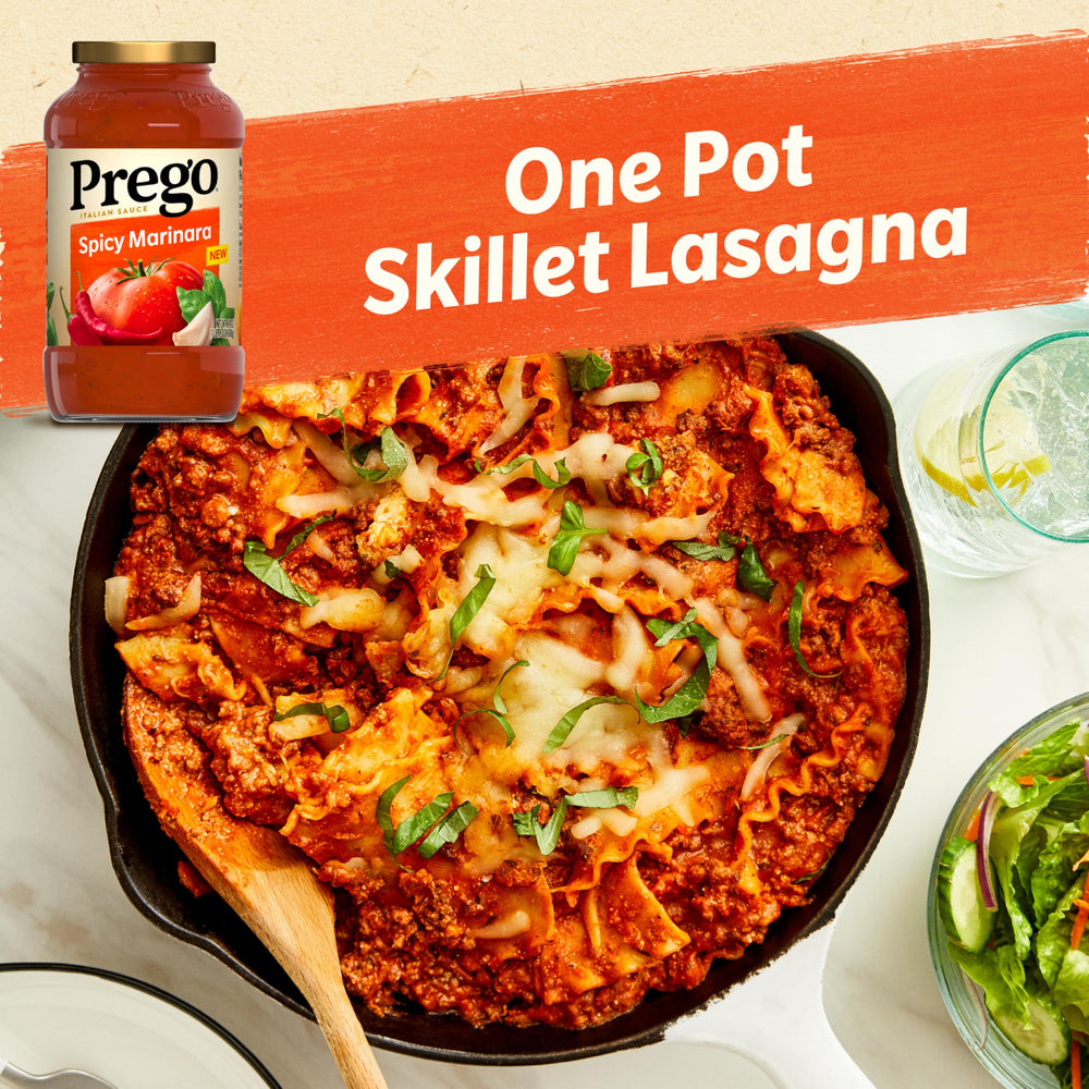 Prego Spicy Marinara on pasta highlights thick, coat-friendly sauce.
