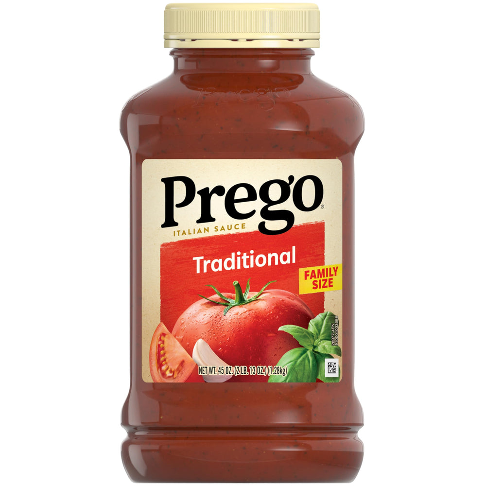 Prego Traditional Pasta Sauce jar front, rich flavor for quick family dinners.