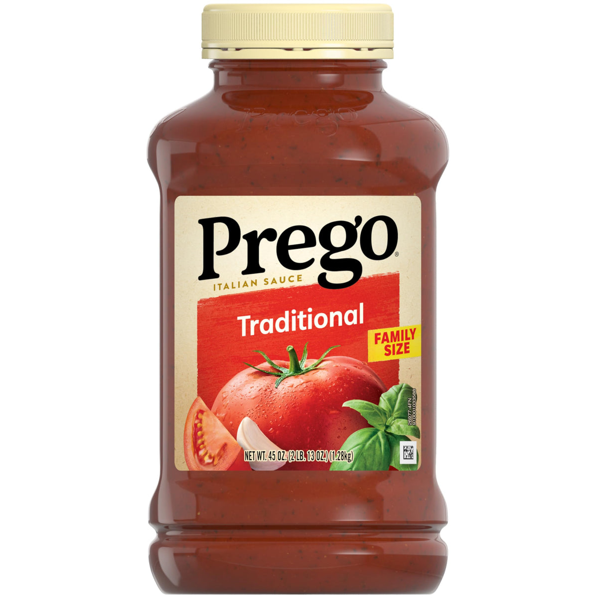 Prego Traditional Pasta Sauce jar front, rich flavor for quick family dinners.