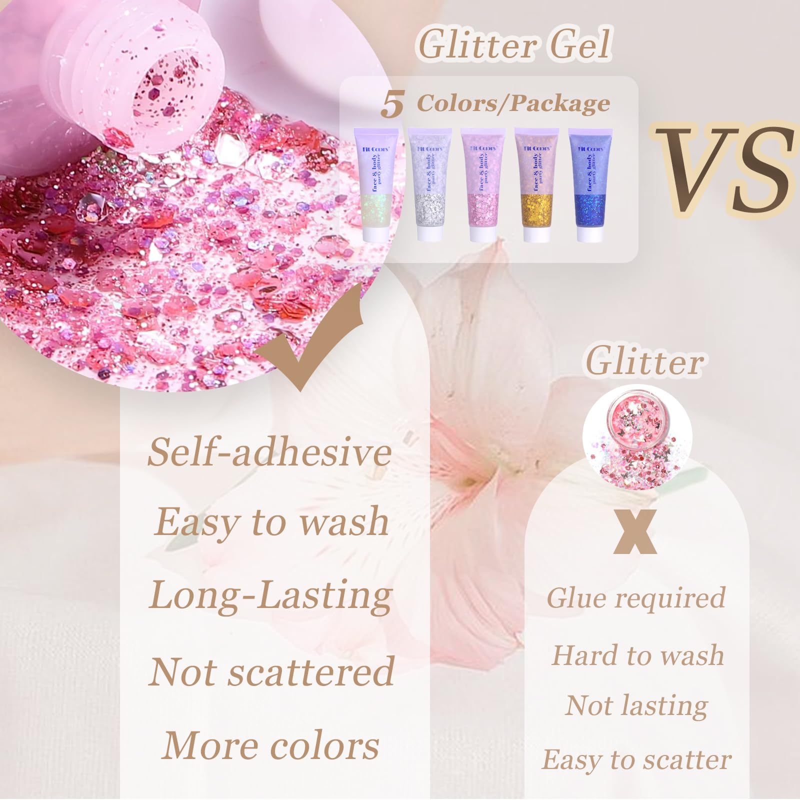 Prehot Glitter for face and cheeks adds eye-catching color at concerts and festivals.
