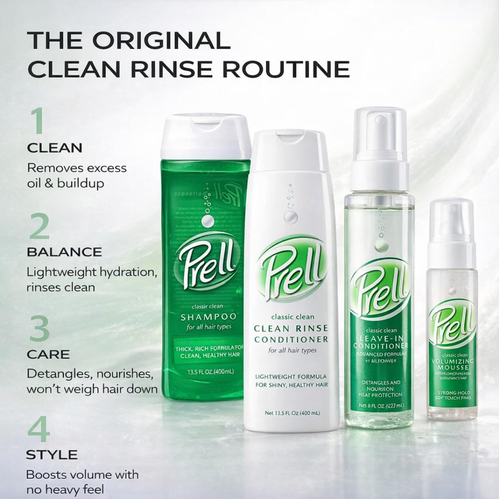 Prell bathroom shelf setup shows quick daily cleansing ready.