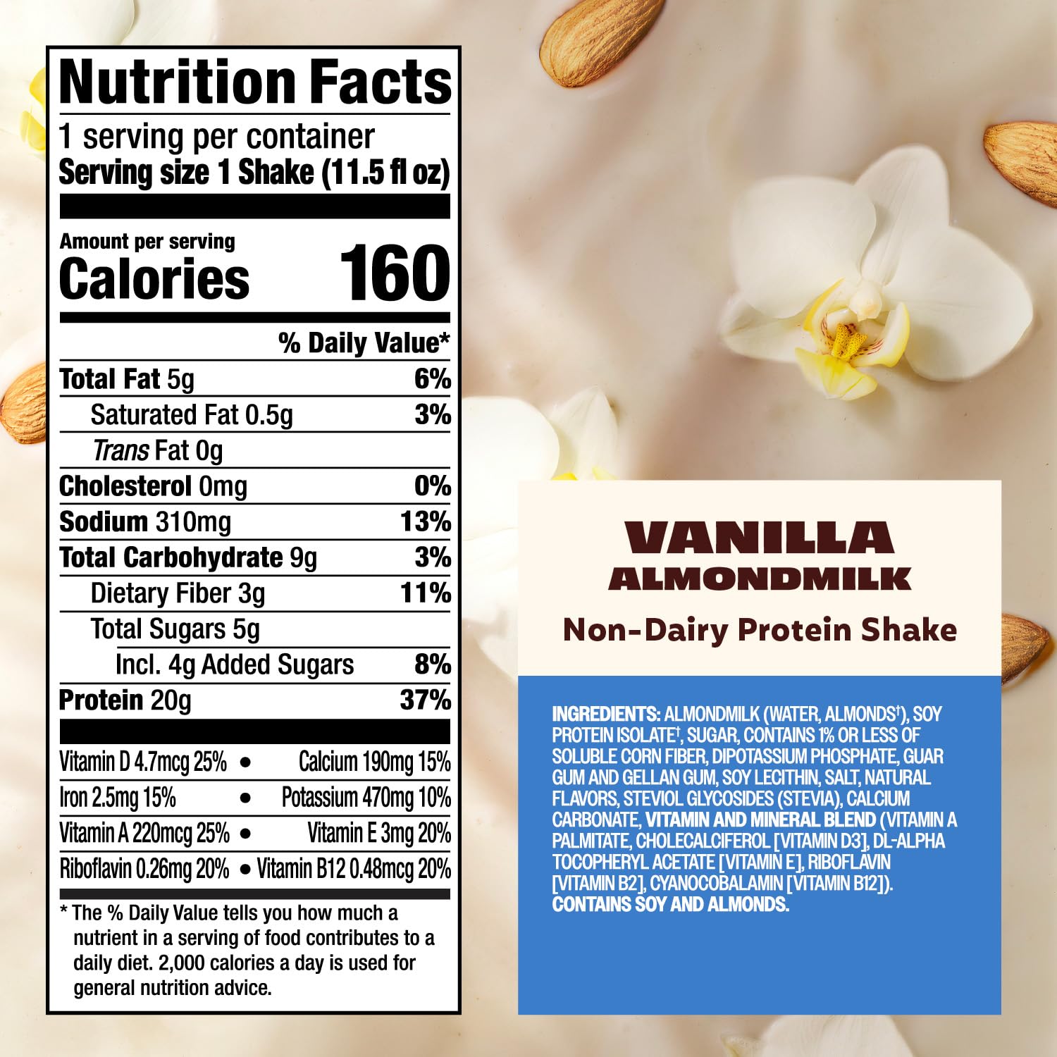 Premier Protein Almondmilk Vanilla label close-up – clean ingredients and protein info.