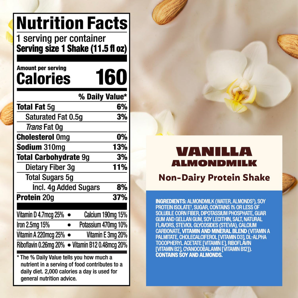 Premier Protein Almondmilk Vanilla label close-up – clean ingredients and protein info.