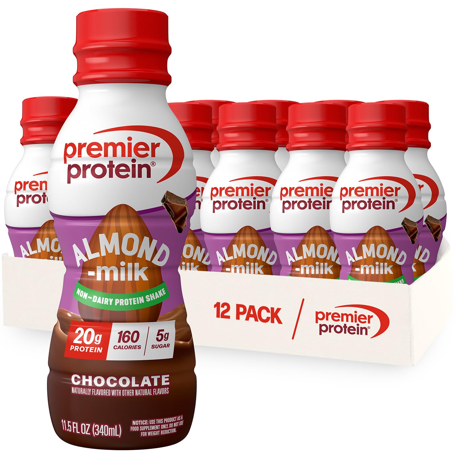 Premier Protein Almondmilk Shake Chocolate bottle highlighting rich flavor and 20g protein.