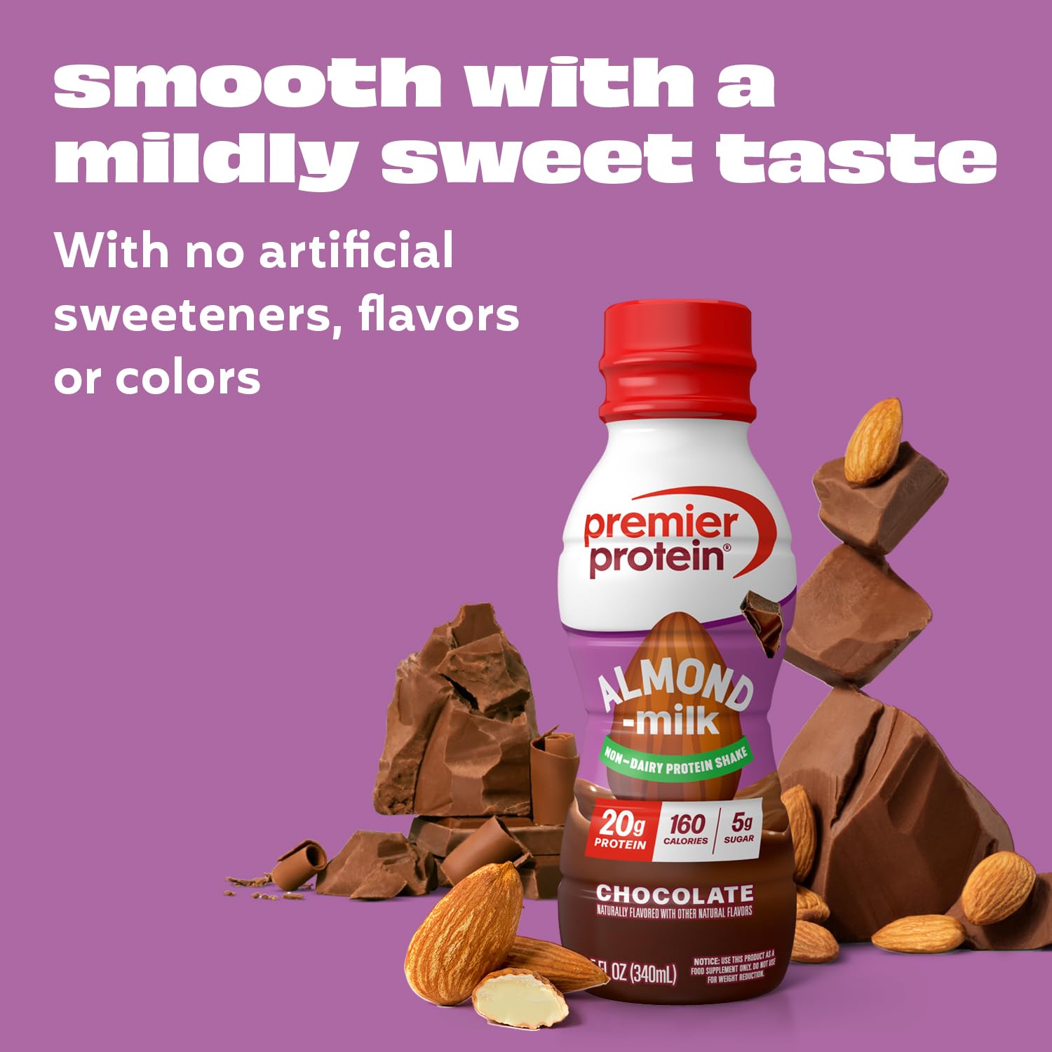 Premier Protein Almondmilk Shake ingredients close-up highlighting no artificial flavors or sweeteners.