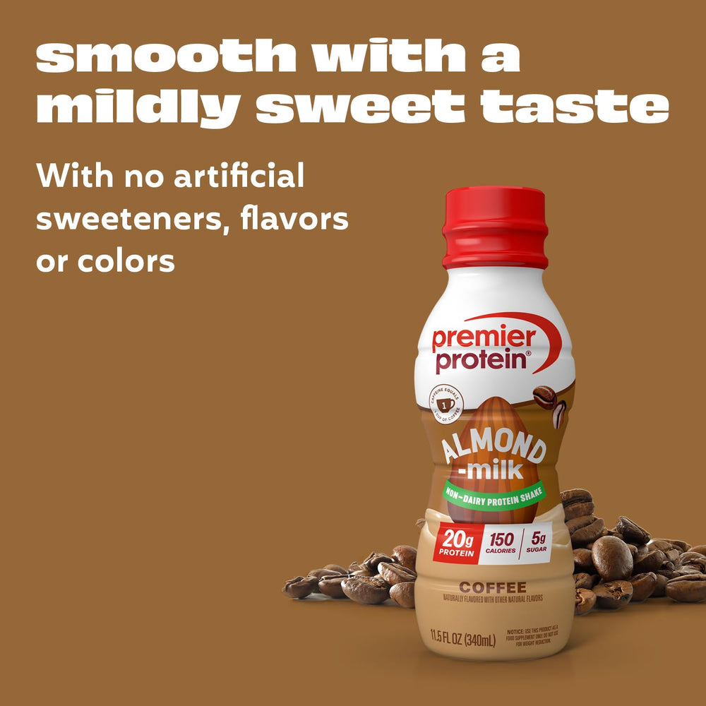 Premier Protein almondmilk bottle on a desk, ready for post-workout recovery