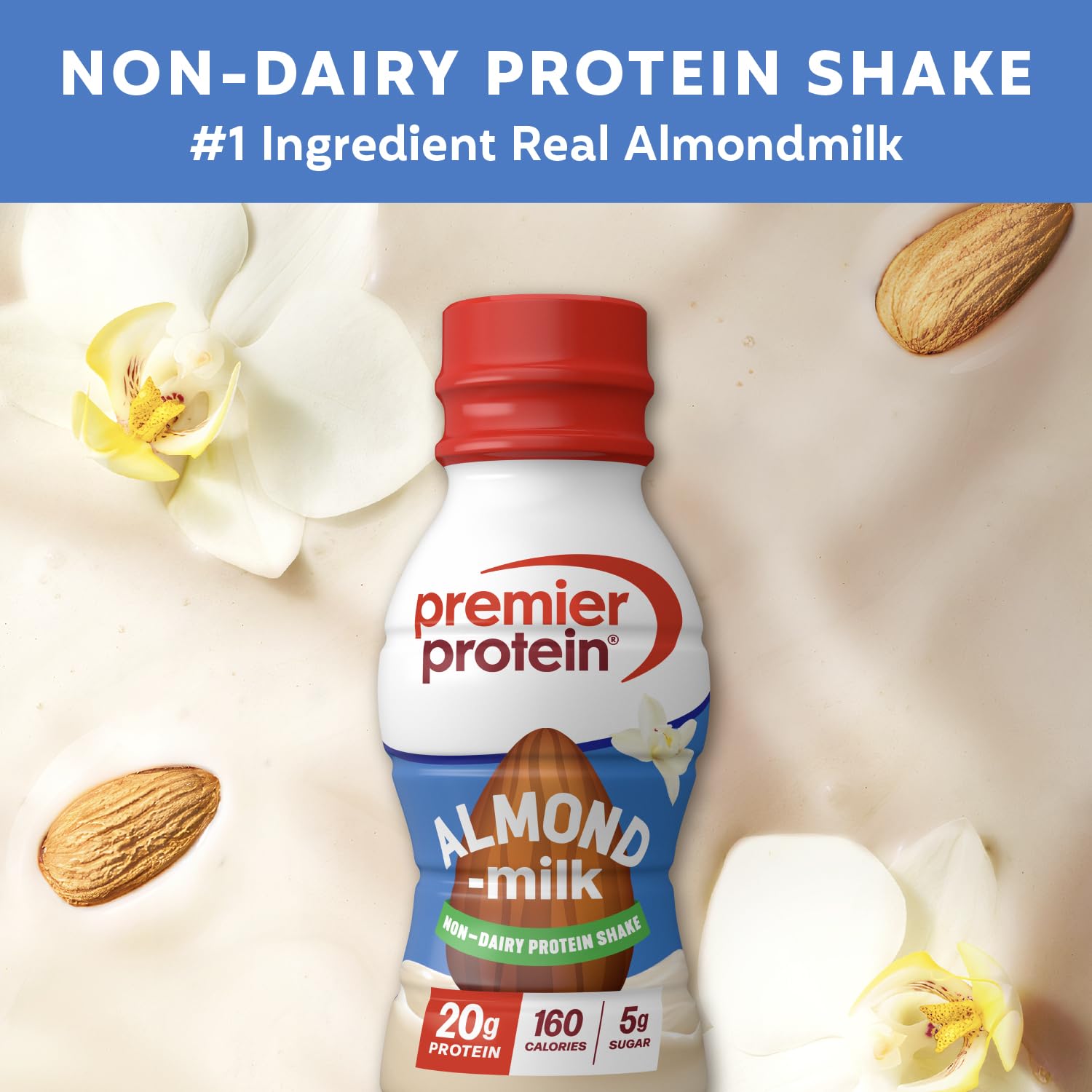 Premier Protein Almondmilk Vanilla serve glass – smooth texture ready to drink.