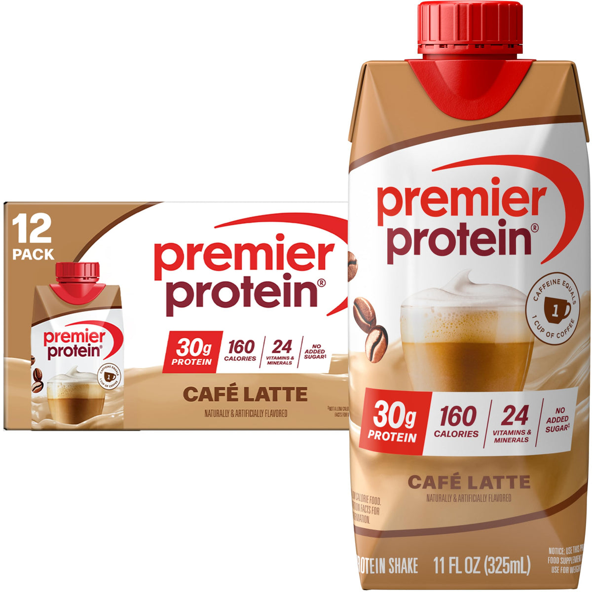 Premier Protein Cafe Latte bottle pouring, highlighting creamy flavor and caffeine lift