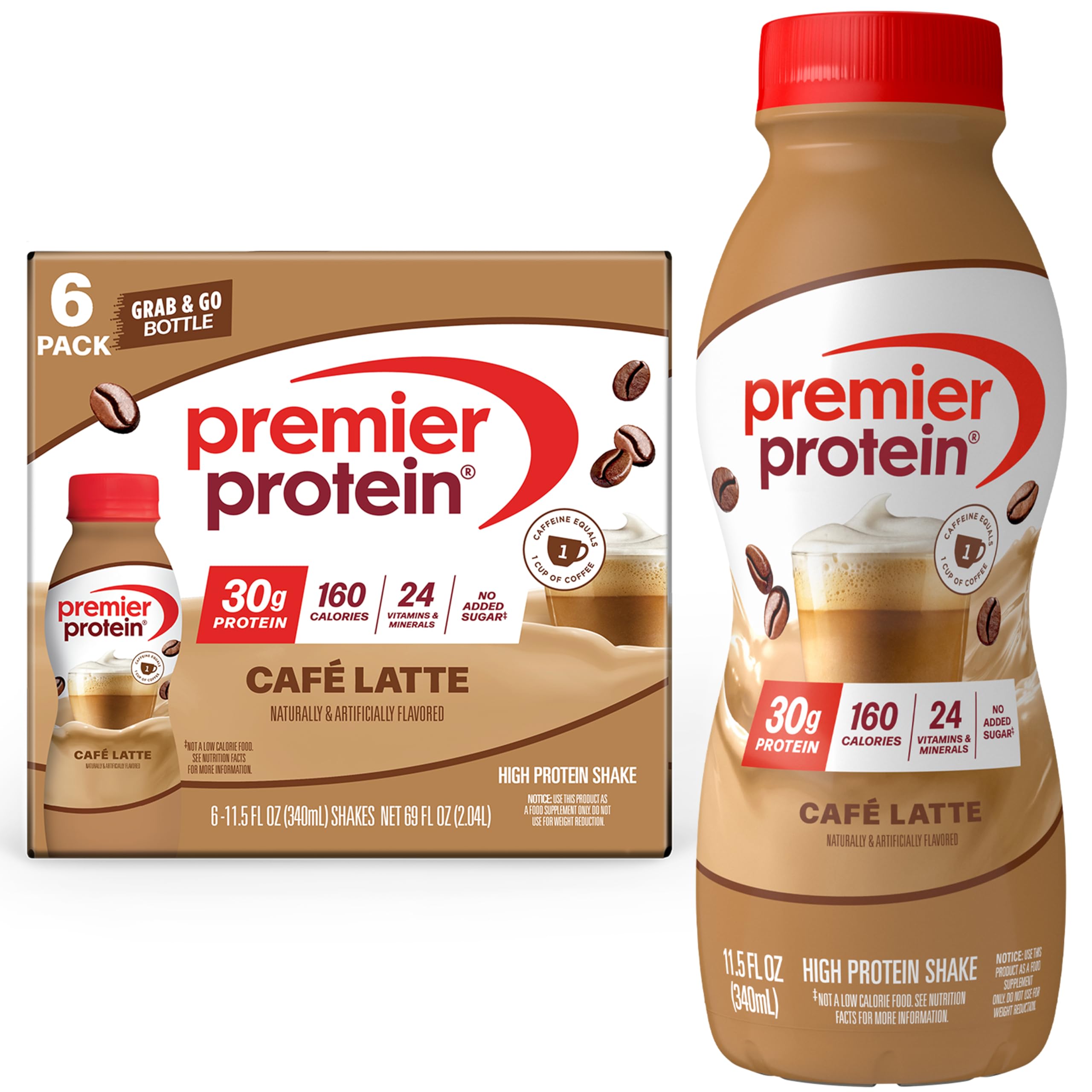 Premier Protein Café Latte shake bottle being poured for a quick energy boost.
