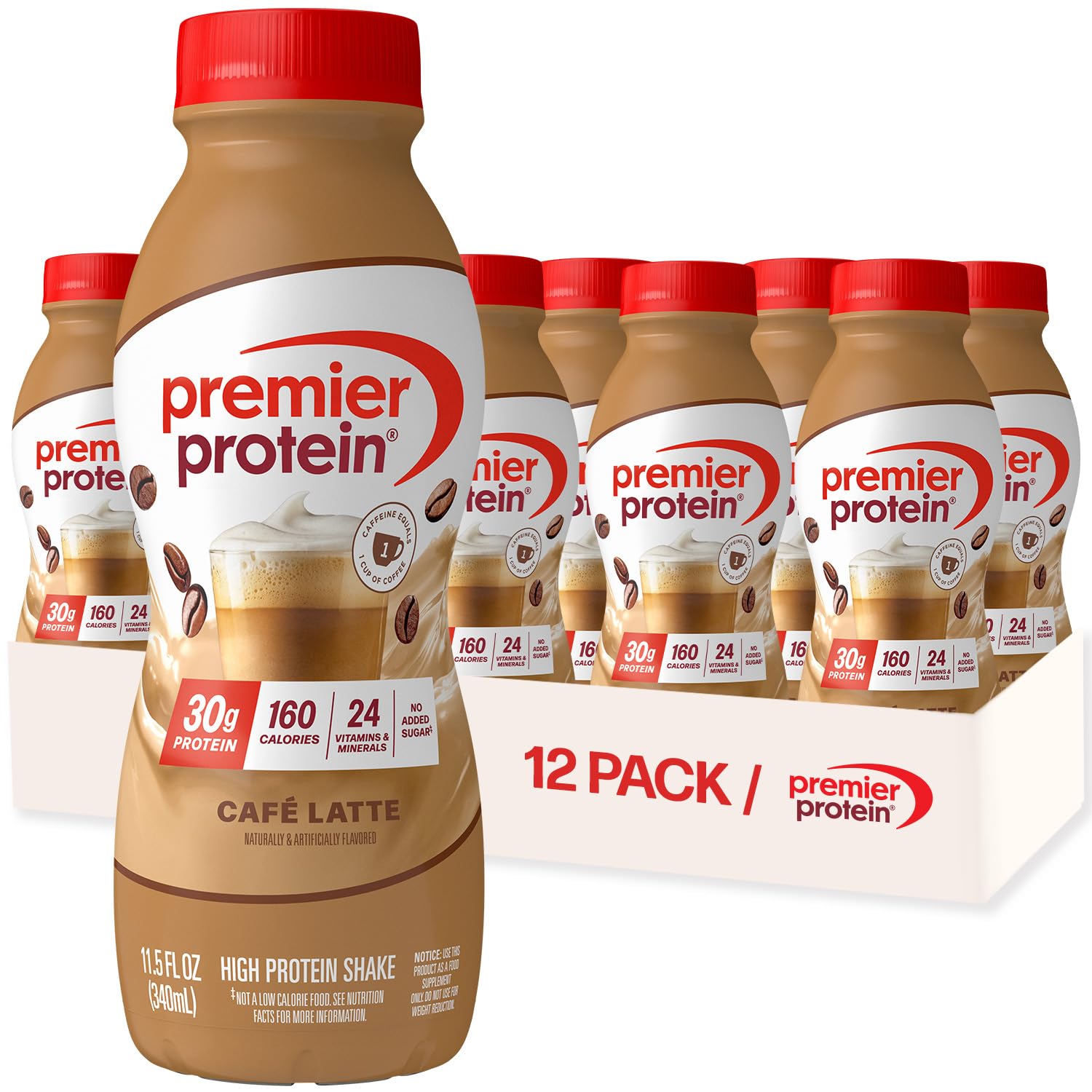 Premier Protein Cafe Latte bottle highlighting 30g protein and low sugar for on-the-go fueling.