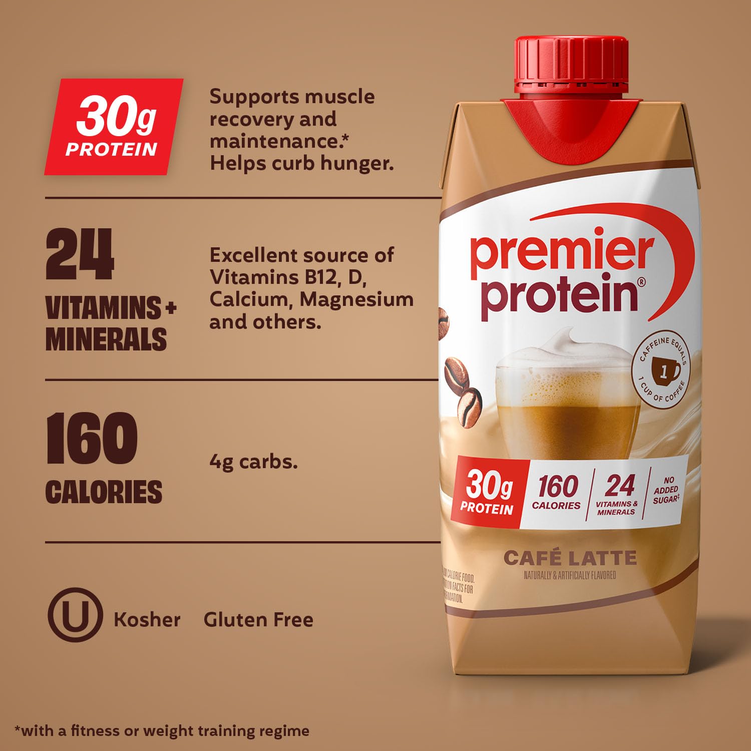 Premier Protein Cafe Latte glass with ice, illustrating convenient on-the-go energy
