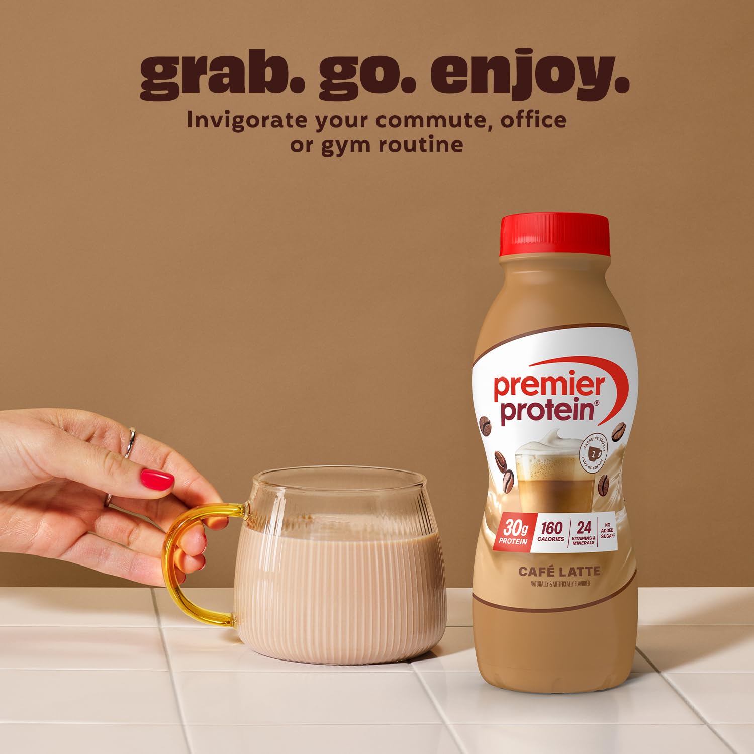 Premier Protein Café Latte nutrition panel shows 24 vitamins and minerals.