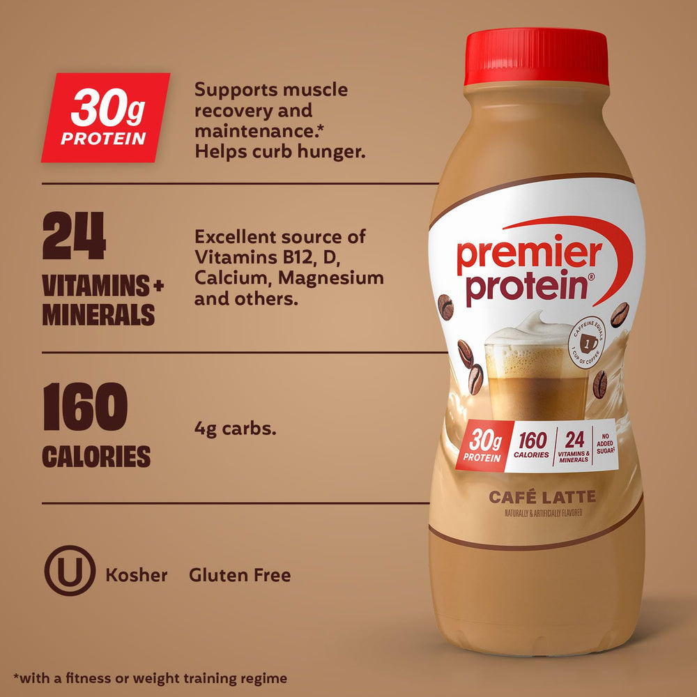 Premier Protein Cafe Latte shake in a glass for on-the-go breakfast.