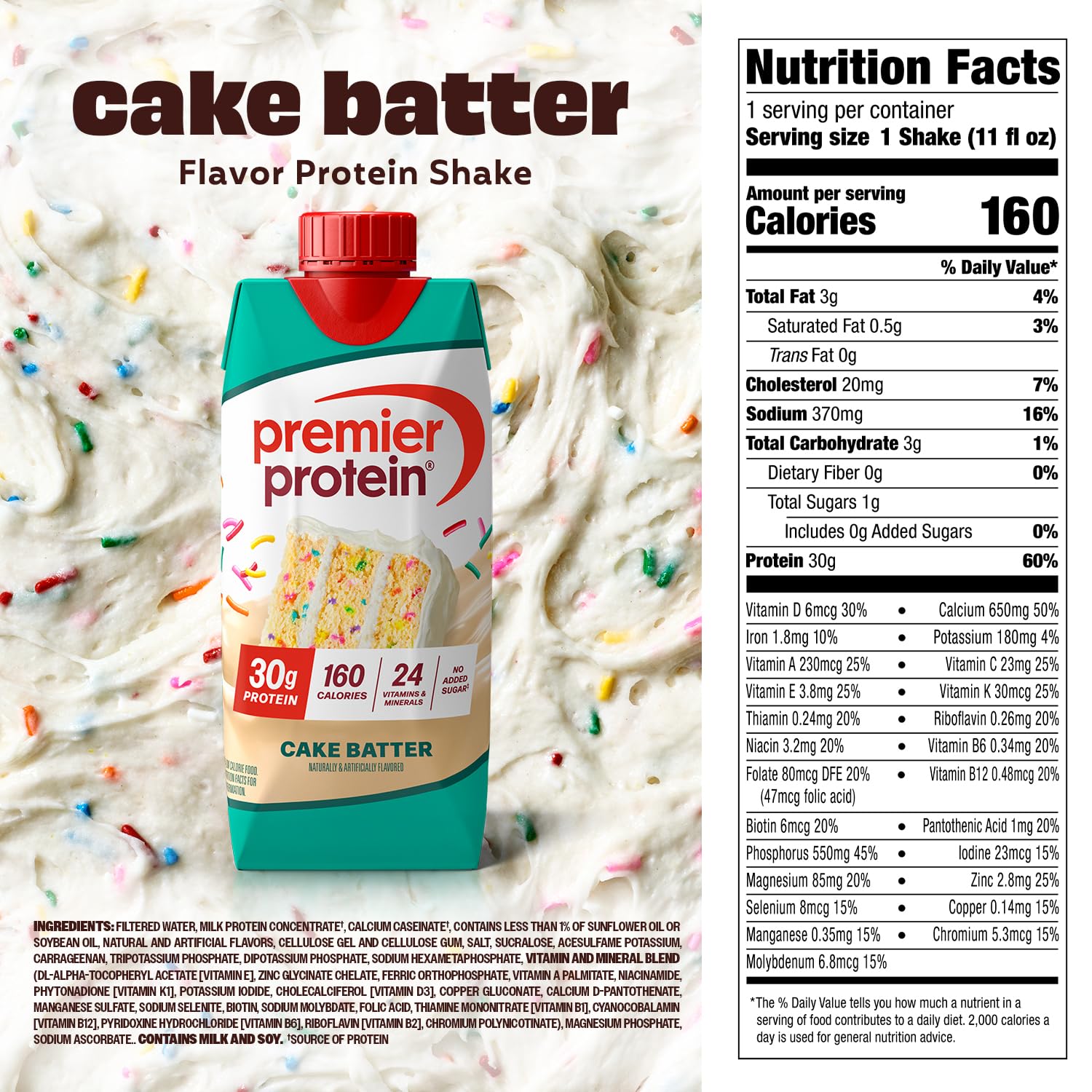 Premier Protein Cake Batter bottle pouring, ideal post-workout fuel.