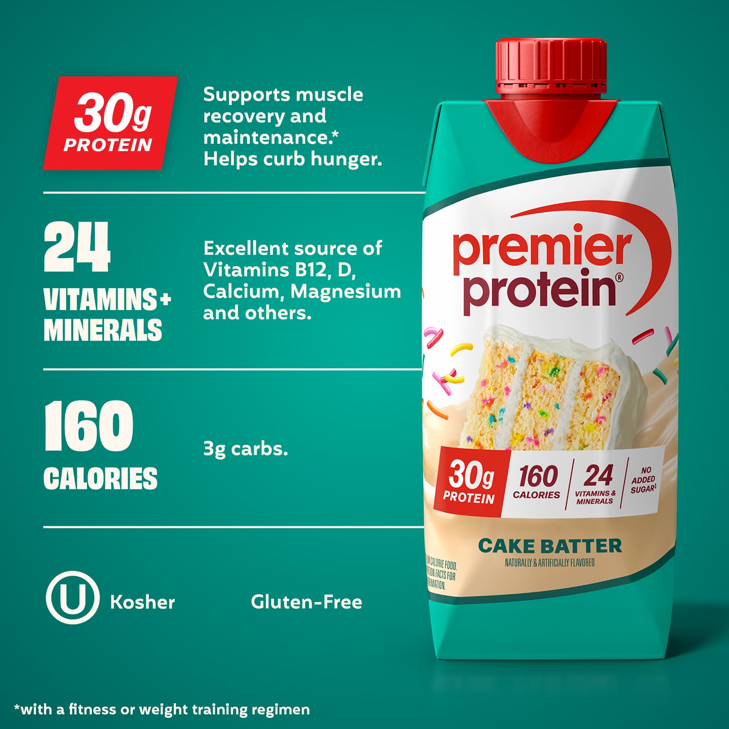 Premier Protein Cake Batter ingredients close-up, showing protein blend and nutrients.