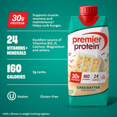 Premier Protein Cake Batter ingredients close-up, showing protein blend and nutrients.