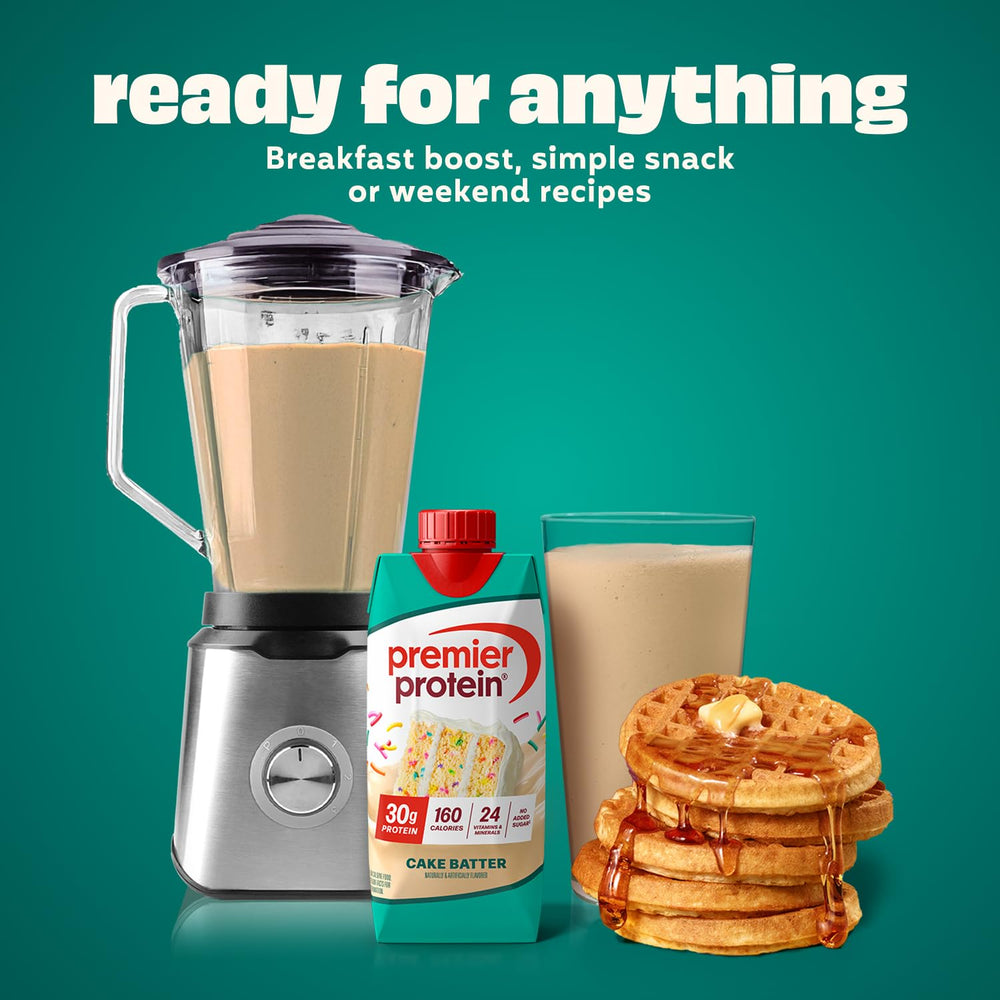 Premier Protein Cake Batter on oats, creamy breakfast boost.