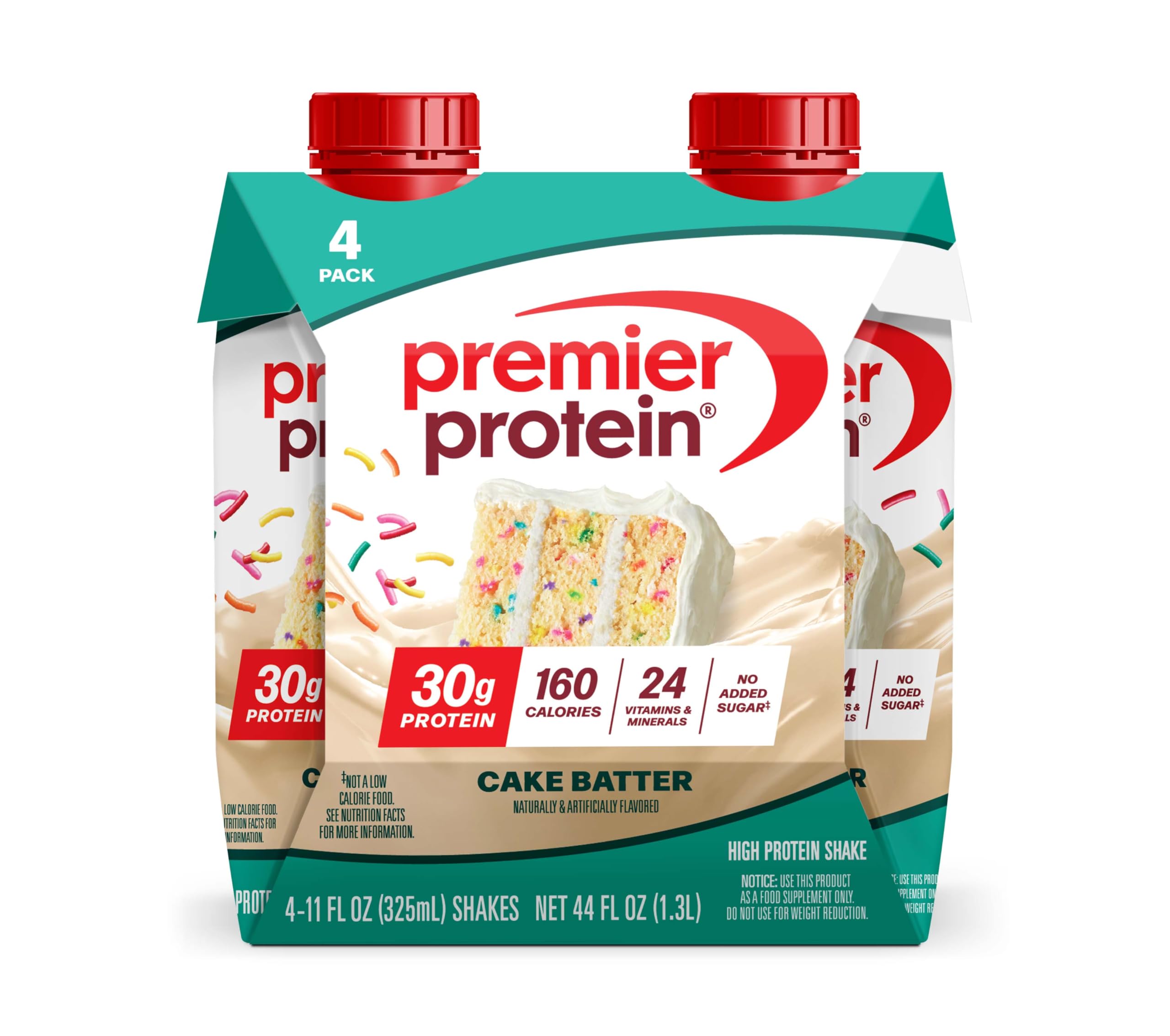 Premier Protein Cake Batter Shake in a glass, convenient high-protein snack.