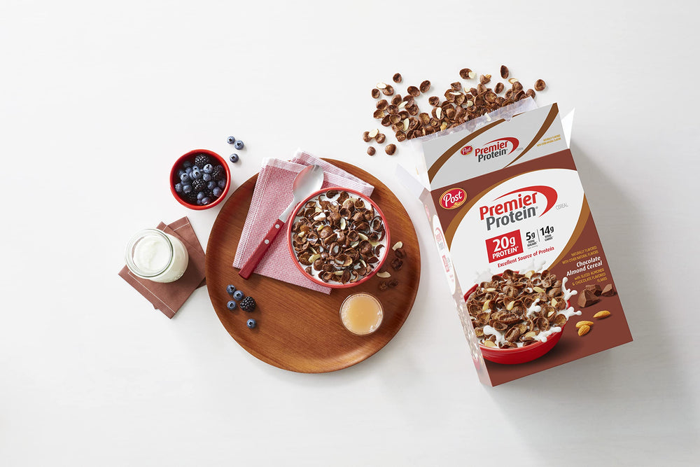 Premier Protein Chocolate Almond Cereal almond slices highlight real crunch.