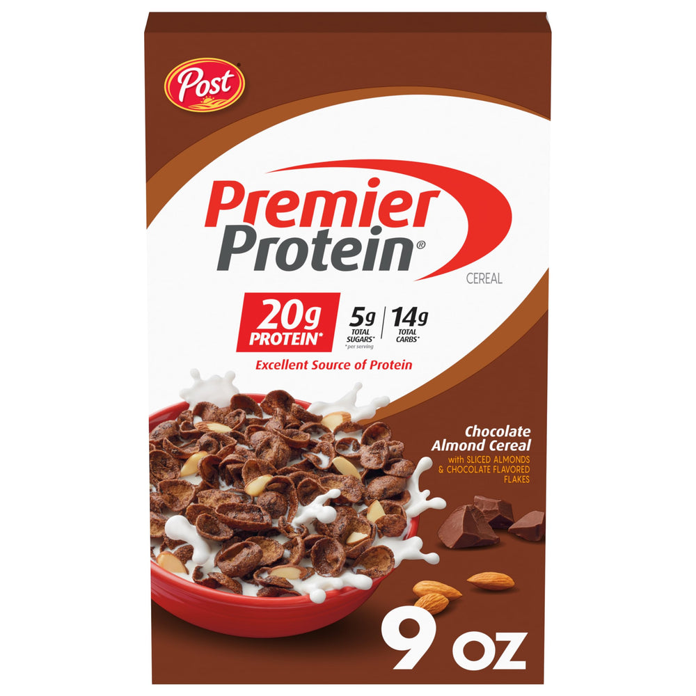 Premier Protein Chocolate Almond Cereal bowl with real almonds for crunchier breakfast.