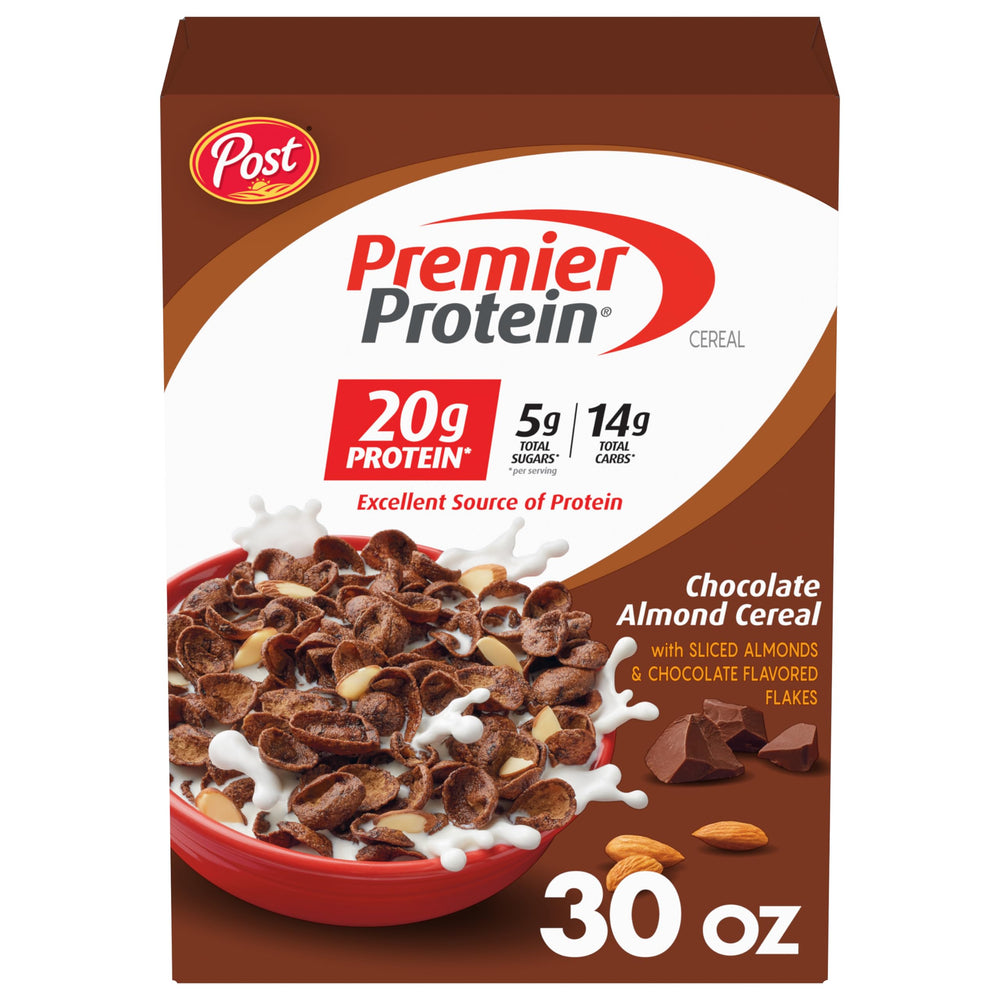 Premier Protein Chocolate Almond Cereal box front for protein-rich breakfast.