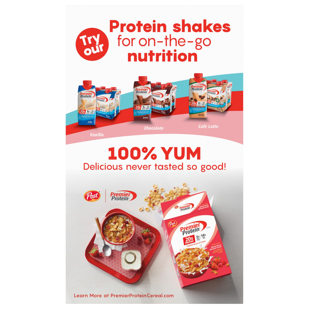 Crispy chocolate-flavored flakes in Premier Protein Chocolate Almond Cereal.