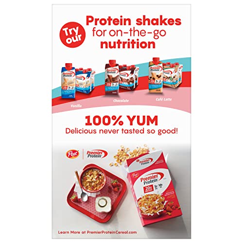 Front of Premier Protein Chocolate Almond Cereal box highlights 20g protein per serving.