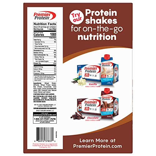 Premier Protein Chocolate Almond Cereal flakes and almonds close-up show crunchy protein texture.