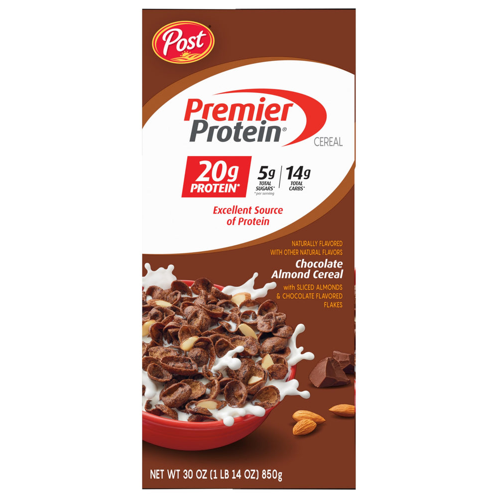Premier Protein Chocolate Almond Cereal with milk drizzle for creamy contrast.