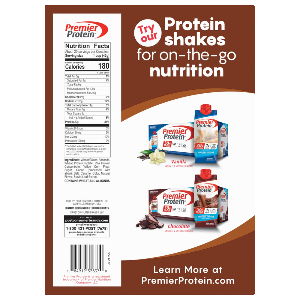 Premier Protein Chocolate Almond Cereal morning routine bowl serving.