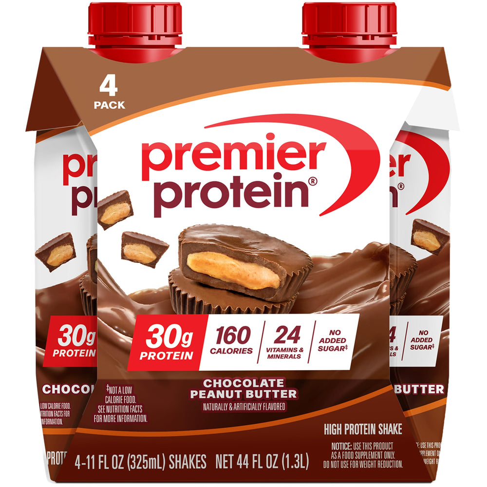 Premier Protein Chocolate Peanut Butter bottle showing 30g protein per serving.