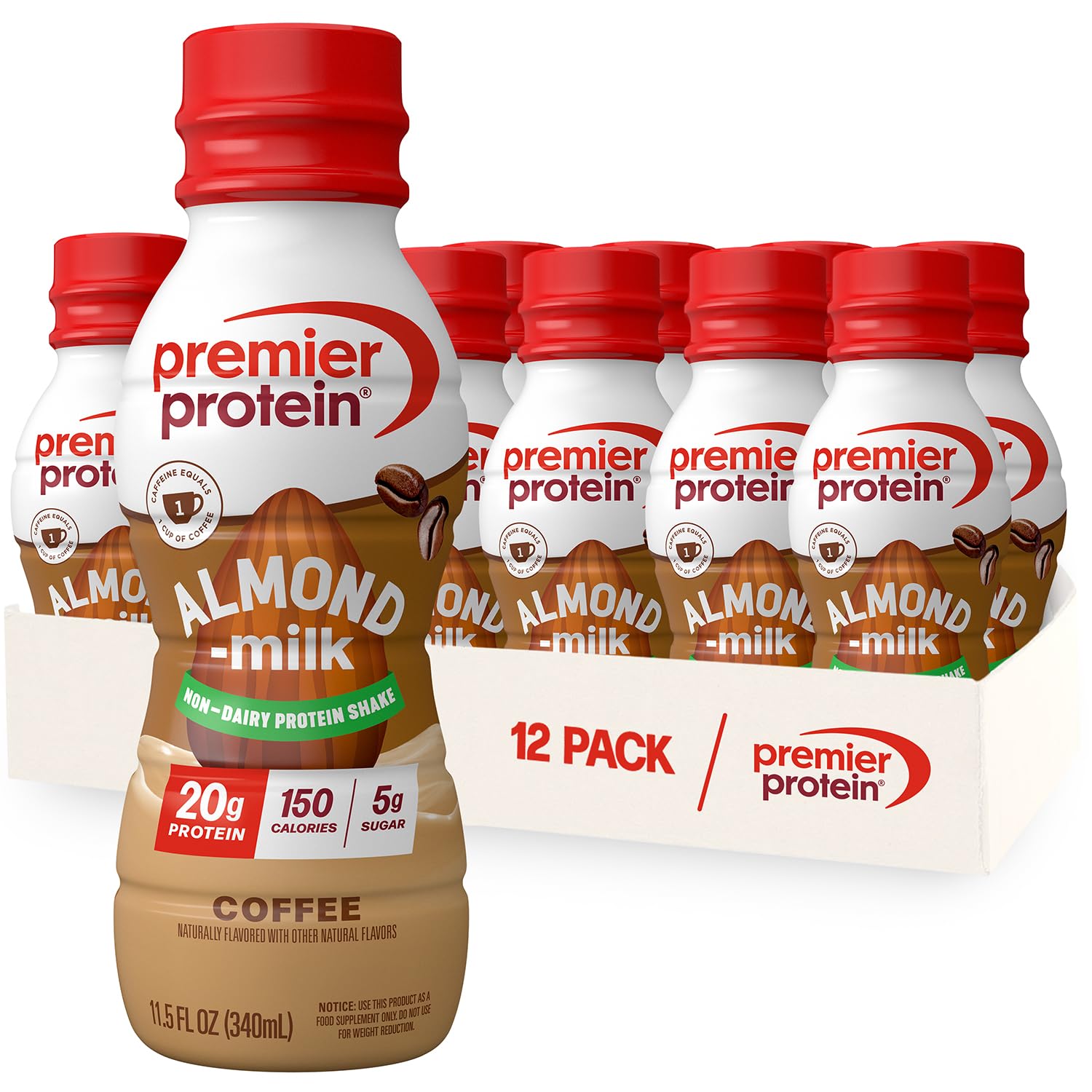 Premier Protein coffee almondmilk shake bottle pouring for an energizing start