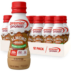 Premier Protein coffee almondmilk shake bottle pouring for an energizing start