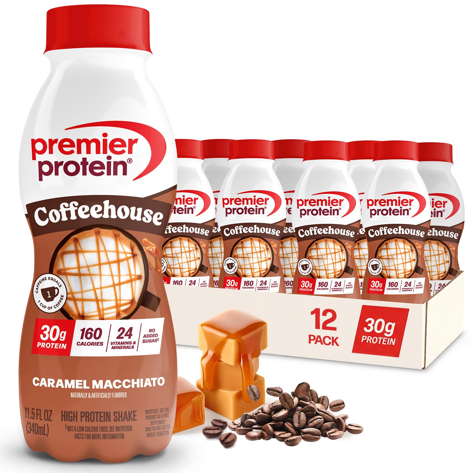 Premier Protein COFFEEHOUSE Caramel Macchiato bottle shows creamy texture and energizing flavor for on-the-go mornings.