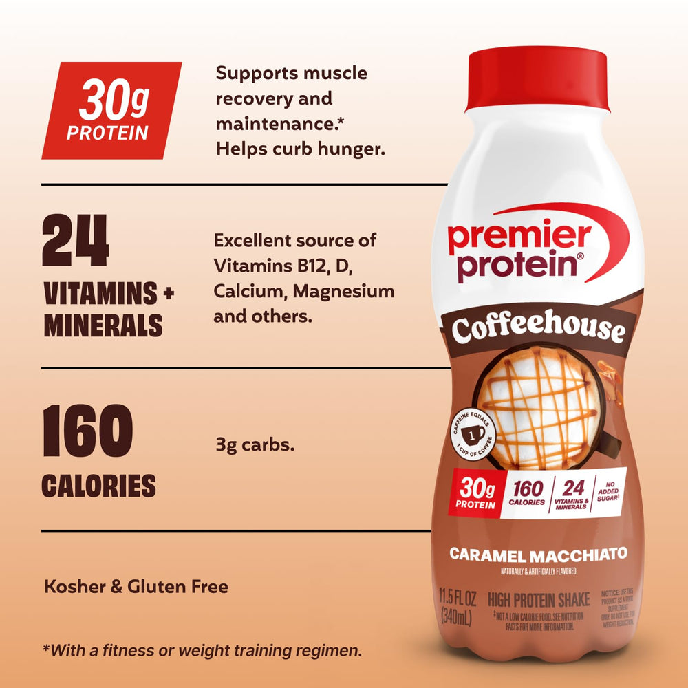 Premier Protein COFFEEHOUSE Caramel Macchiato label on display with nutrition highlights and caffeine benefits.