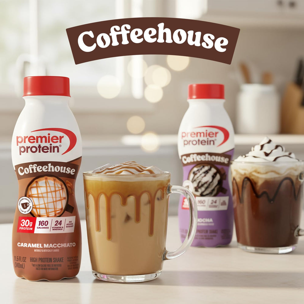 Premier Protein Coffeehouse Mocha packaging reinforces grab and go nutrition