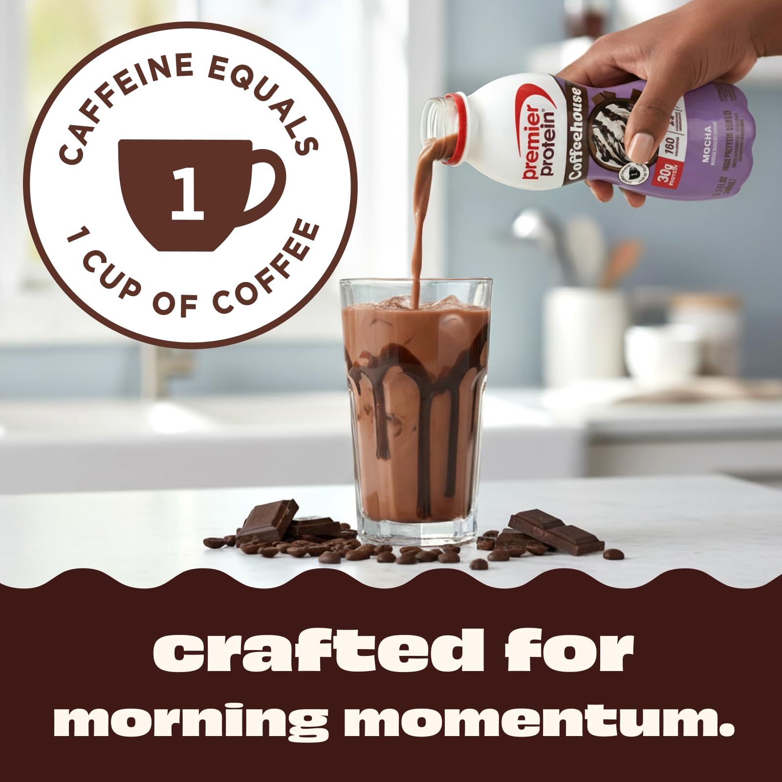 Premier Protein Coffeehouse Mocha pour showcases convenient caffeine boost and low sugar