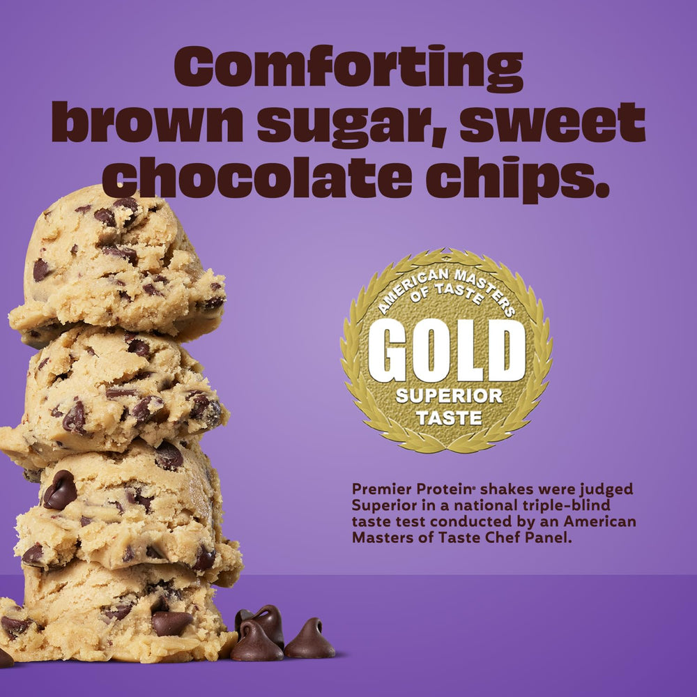 Premier Protein Cookie Dough closeup highlights smooth shake consistency and appeal.