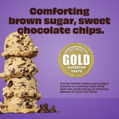 Premier Protein Cookie Dough closeup highlights smooth shake consistency and appeal.
