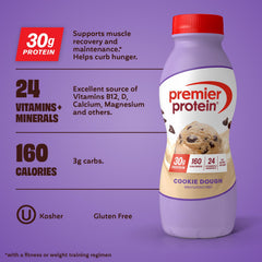 Premier Protein Cookie Dough pour showcases creamy texture for smoothies or coffee boosts.