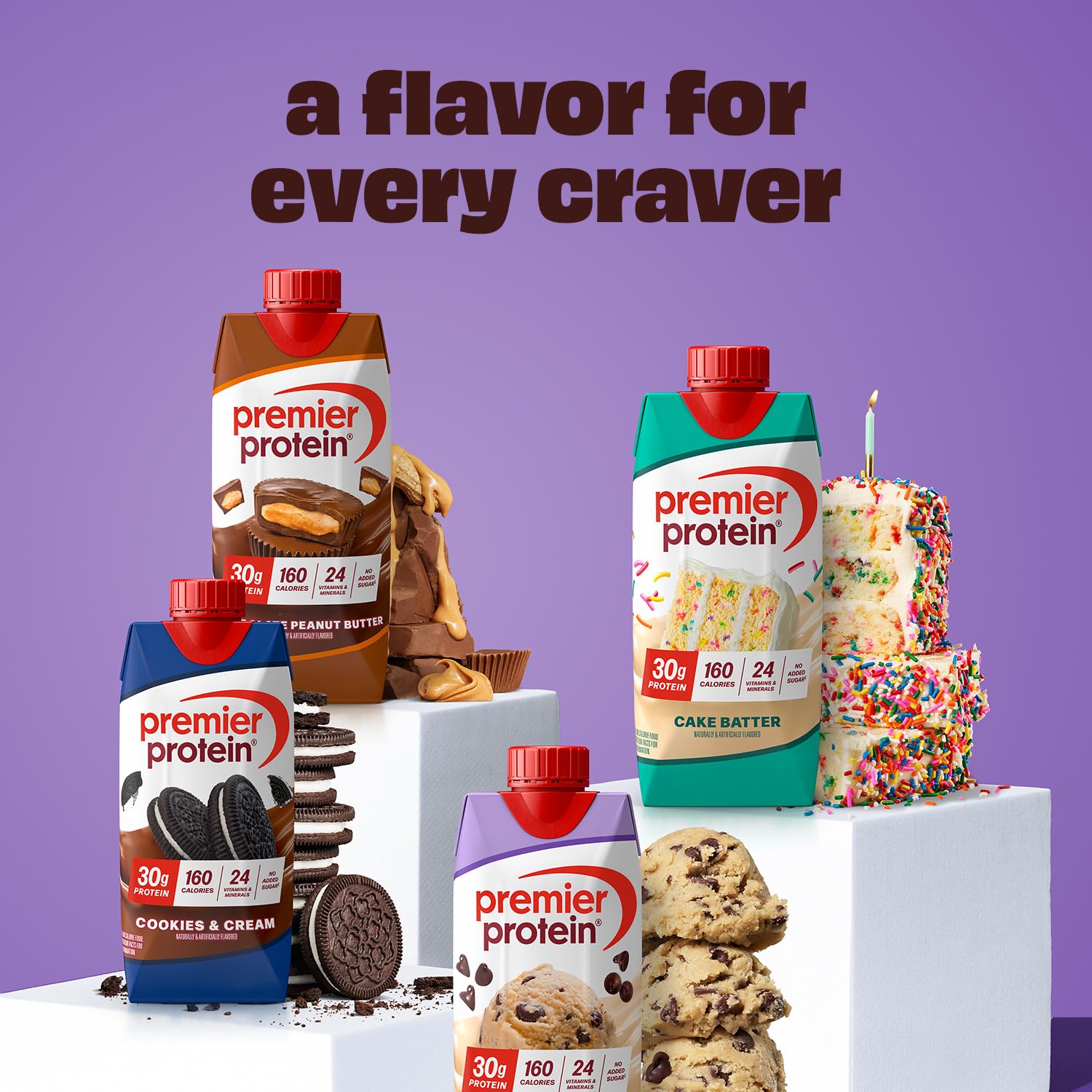 Premier Protein Cookie Dough Shake four-pack on a shelf display