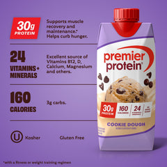Premier Protein Cookie Dough Shake nutrition panel close-up showing 24 vitamins and minerals