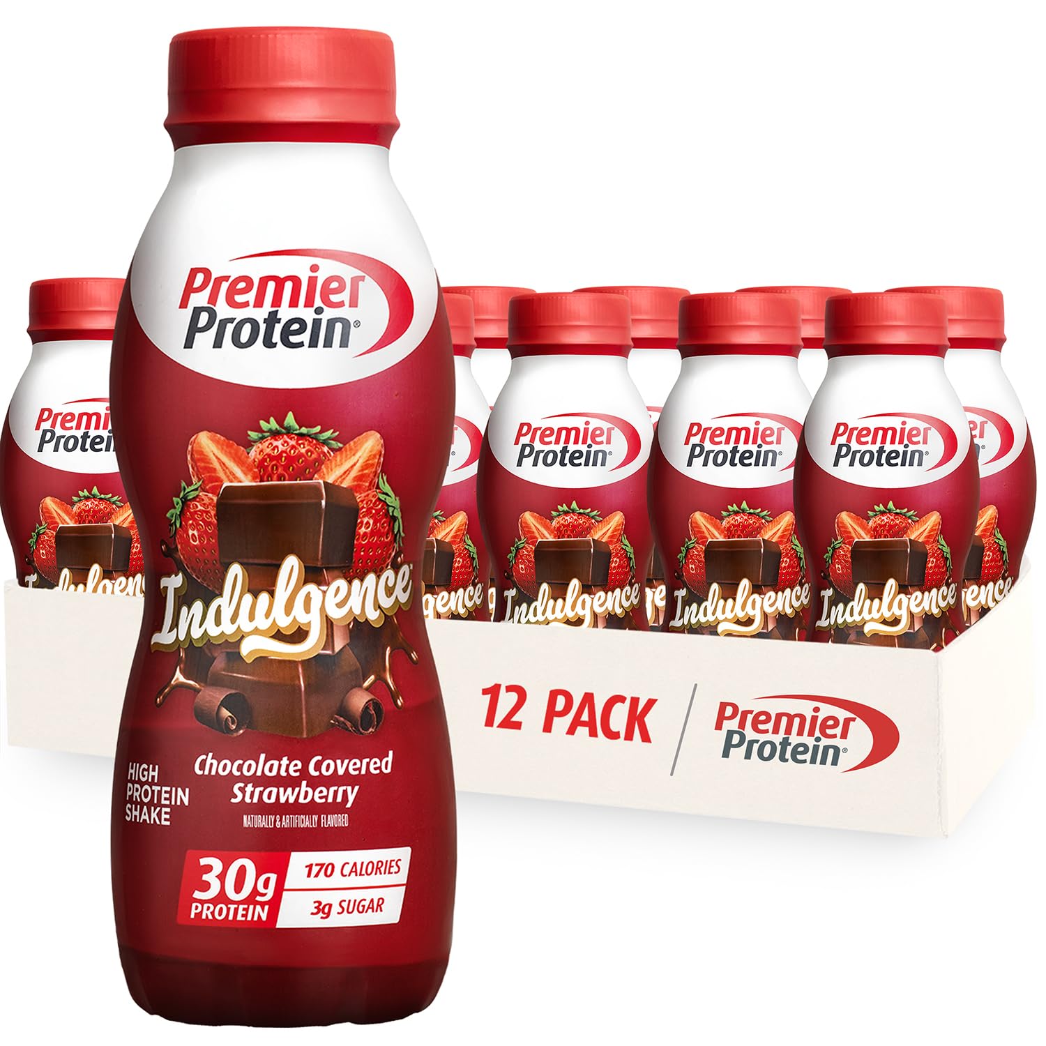 Premier Protein Indulgence chocolate-strawberry bottle shows creamy texture with 30g protein.