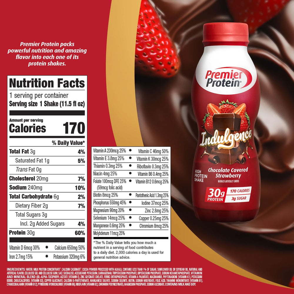 Premier Protein Indulgence decadent dark chocolate bottle highlights indulgent flavor and 30g protein.